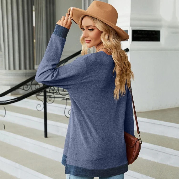 Autumn Winter Hollow Lace V-neck Color-blocked Split Loose Long-sleeved T-shirt, Size: S(Colorful Blue) - Image 5