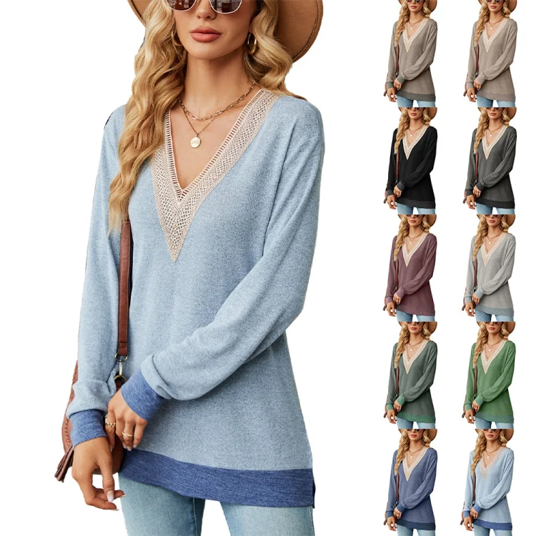 Autumn Winter Hollow Lace V-neck Color-blocked Split Loose Long-sleeved T-shirt, Size: XL(Black) - Image 6