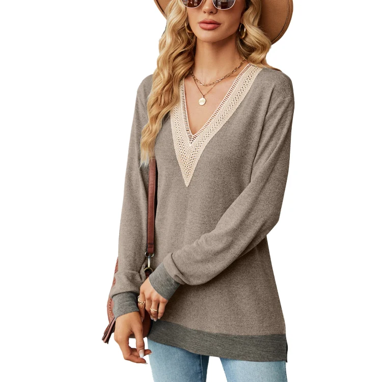 Autumn Winter Hollow Lace V-neck Color-blocked Split Loose Long-sleeved T-shirt, Size: XL(Coffee)