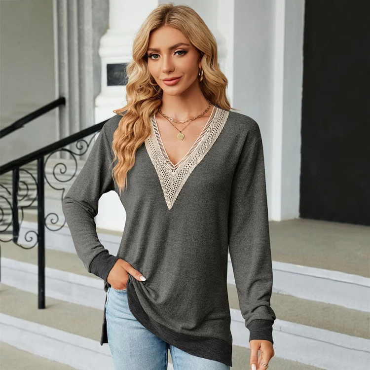 Autumn Winter Hollow Lace V-neck Color-blocked Split Loose Long-sleeved T-shirt, Size: XXL(Dark Gray) - Image 2