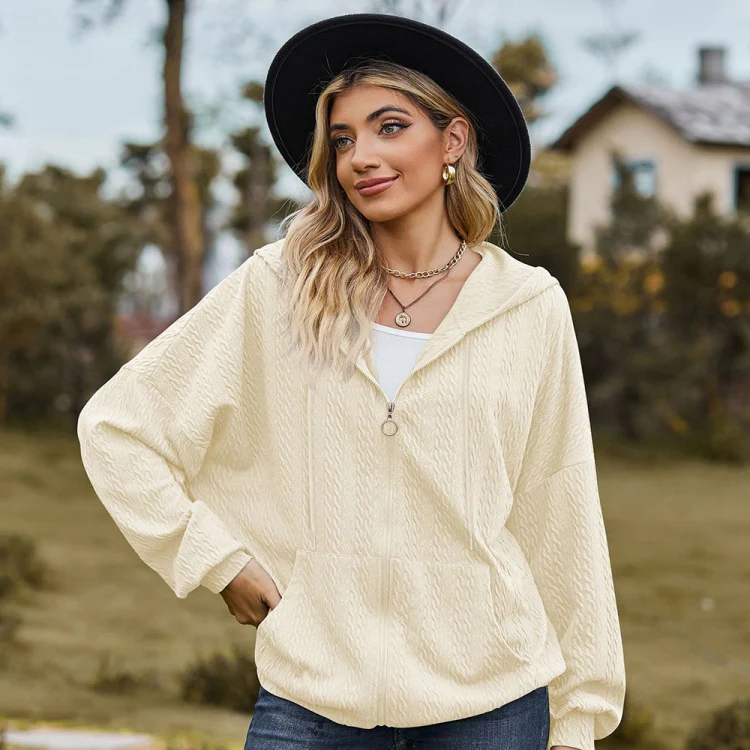 Autumn Winter Solid Color Long-Sleeved Loose Pocket Hooded Sweater Jacket, Size: L(Apricot) - Image 2