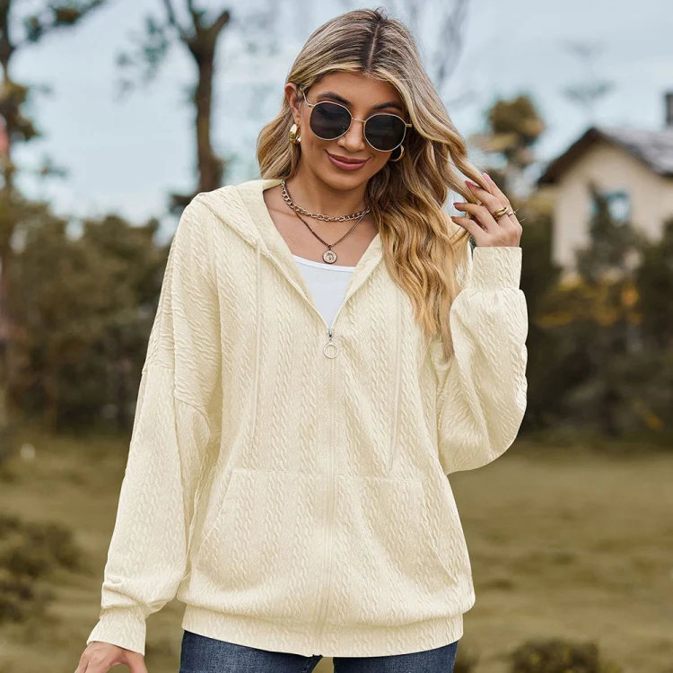 Autumn Winter Solid Color Long-Sleeved Loose Pocket Hooded Sweater Jacket, Size: L(Apricot) - Image 4
