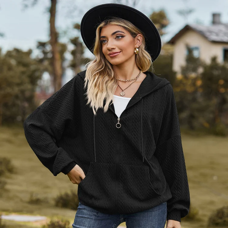 Autumn Winter Solid Color Long-Sleeved Loose Pocket Hooded Sweater Jacket, Size: L(Black) - Image 2