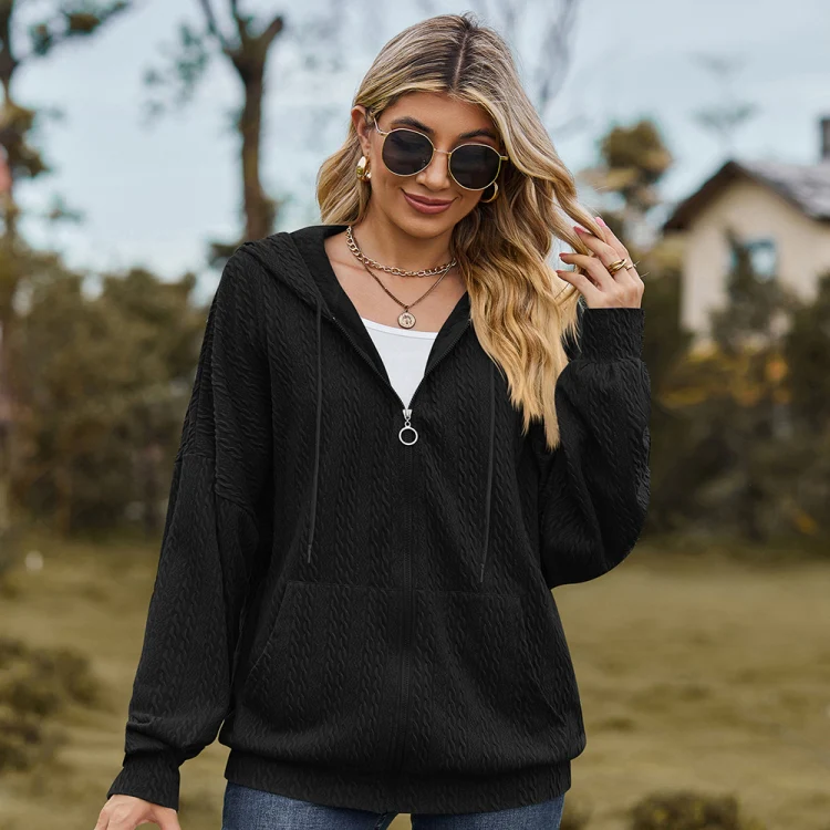 Autumn Winter Solid Color Long-Sleeved Loose Pocket Hooded Sweater Jacket, Size: L(Black) - Image 4