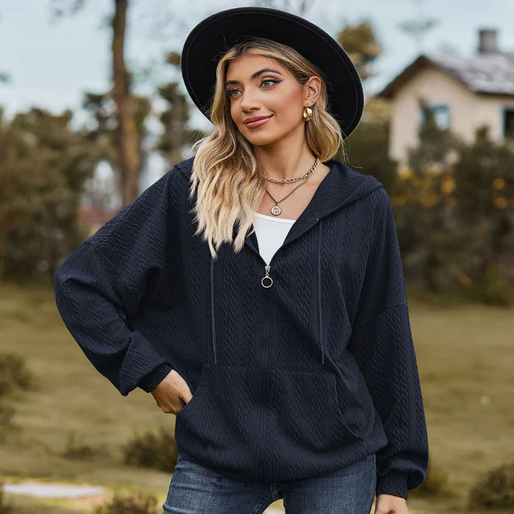 Autumn Winter Solid Color Long-Sleeved Loose Pocket Hooded Sweater Jacket, Size: L(Navy Blue) - Image 2