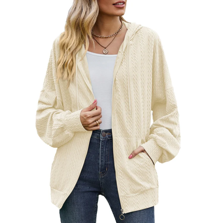 Autumn Winter Solid Color Long-Sleeved Loose Pocket Hooded Sweater Jacket, Size: M(Apricot)