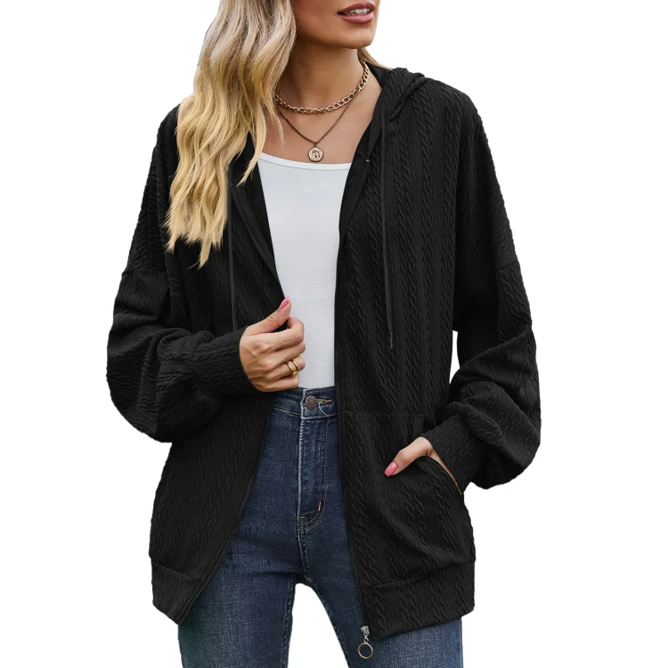 Autumn Winter Solid Color Long-Sleeved Loose Pocket Hooded Sweater Jacket, Size: M(Black)