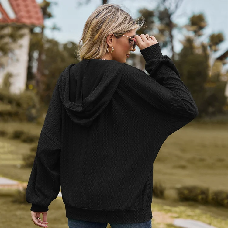 Autumn Winter Solid Color Long-Sleeved Loose Pocket Hooded Sweater Jacket, Size: M(Black) - Image 5