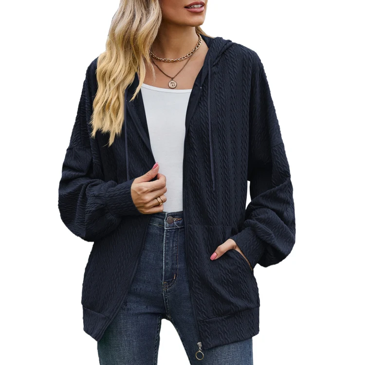 Autumn Winter Solid Color Long-Sleeved Loose Pocket Hooded Sweater Jacket, Size: M(Navy Blue)
