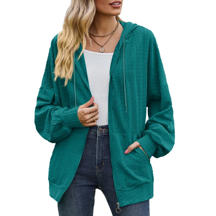 Autumn Winter Solid Color Long-Sleeved Loose Pocket Hooded Sweater Jacket, Size: S(Peacock Blue)