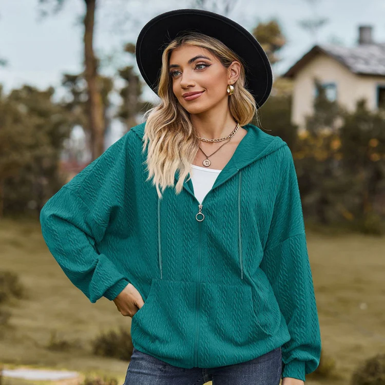 Autumn Winter Solid Color Long-Sleeved Loose Pocket Hooded Sweater Jacket, Size: S(Peacock Blue) - Image 2
