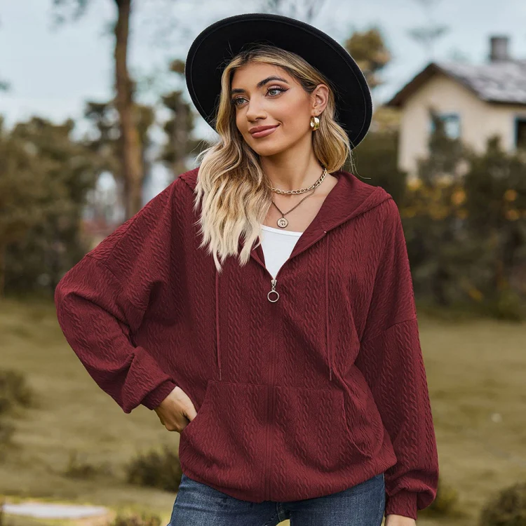 Autumn Winter Solid Color Long-Sleeved Loose Pocket Hooded Sweater Jacket, Size: XL(Claret) - Image 2