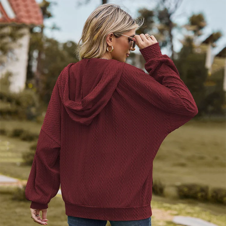 Autumn Winter Solid Color Long-Sleeved Loose Pocket Hooded Sweater Jacket, Size: XL(Claret) - Image 5