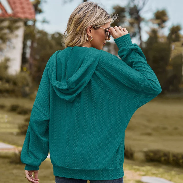 Autumn Winter Solid Color Long-Sleeved Loose Pocket Hooded Sweater Jacket, Size: XL(Peacock Blue) - Image 5