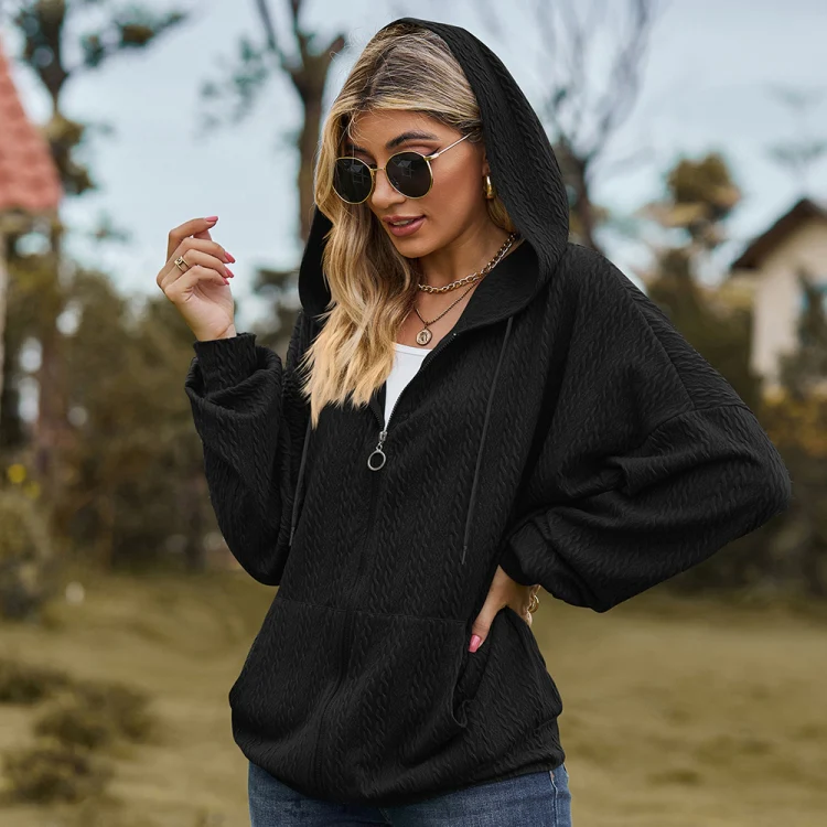 Autumn Winter Solid Color Long-Sleeved Loose Pocket Hooded Sweater Jacket, Size: XXL(Black) - Image 3