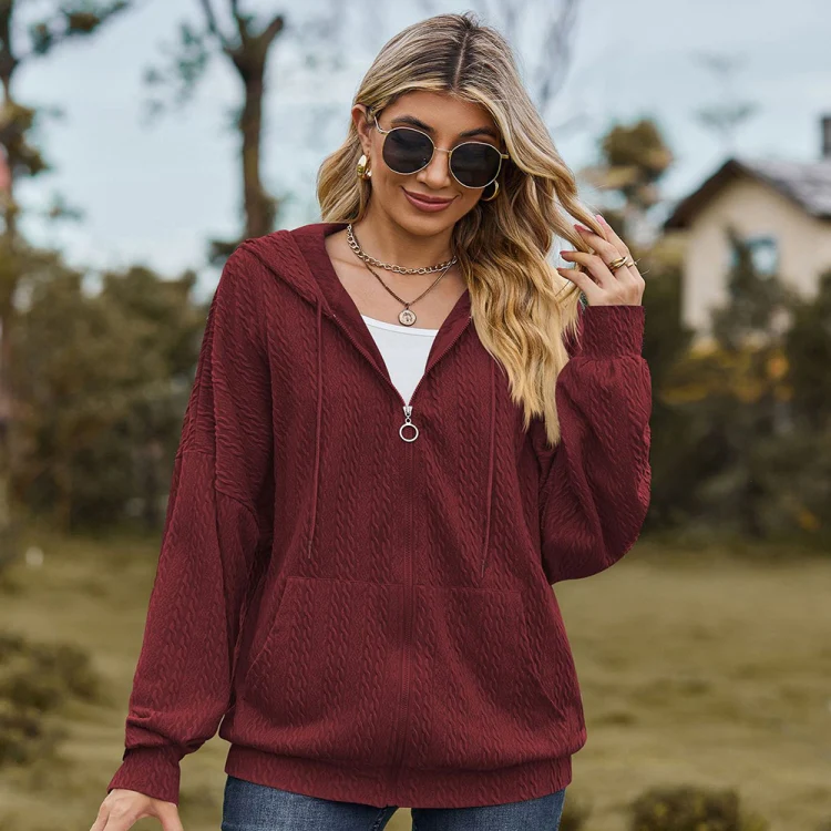 Autumn Winter Solid Color Long-Sleeved Loose Pocket Hooded Sweater Jacket, Size: XXL(Claret) - Image 4