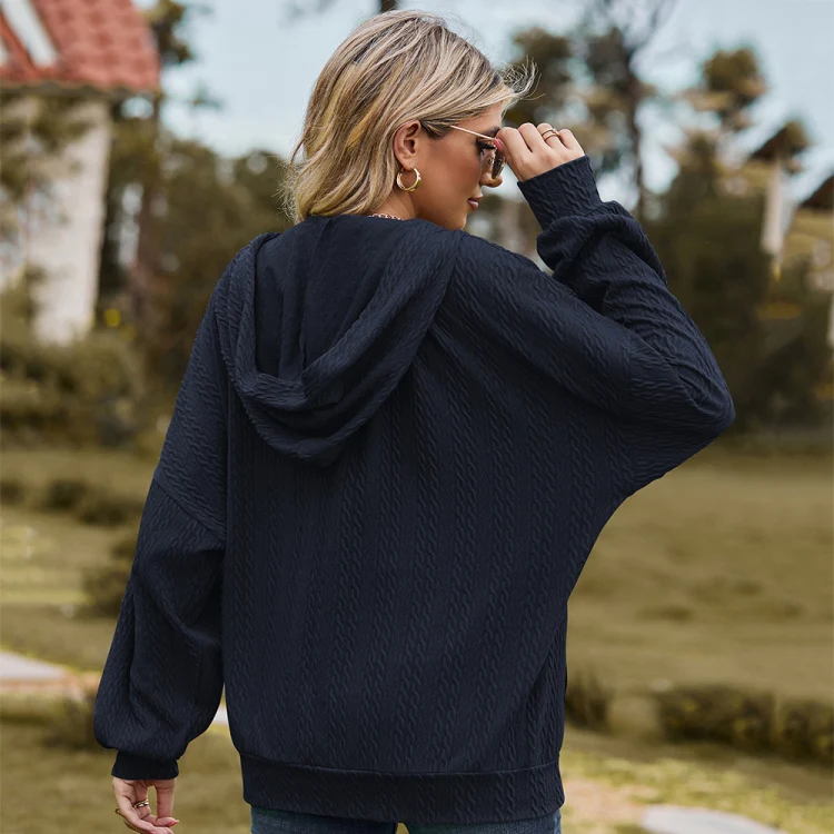 Autumn Winter Solid Color Long-Sleeved Loose Pocket Hooded Sweater Jacket, Size: XXL(Navy Blue) - Image 5