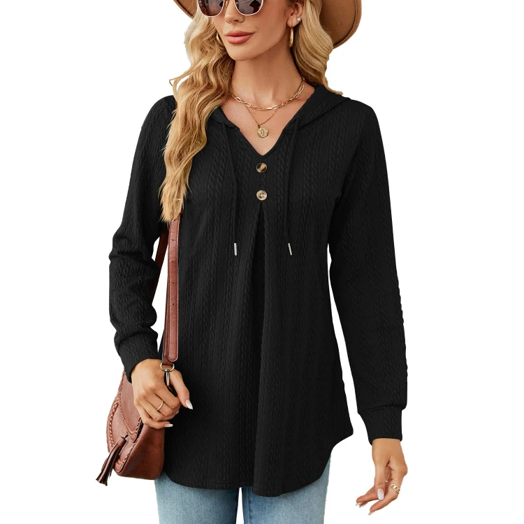 Autumn Winter V-Neck Loose Long Sleeve Hooded Sweatshirt Women Outerwear, Size: L(Black)