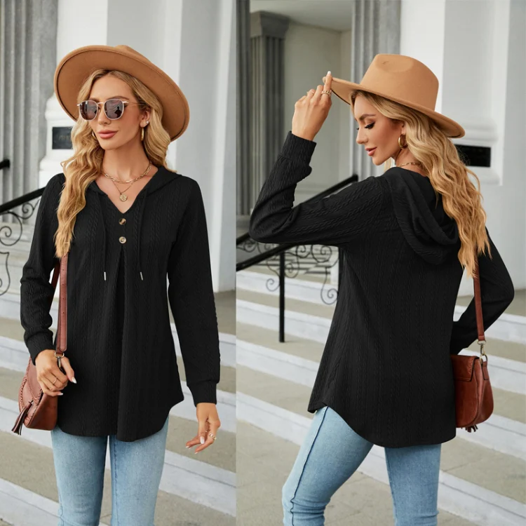 Autumn Winter V-Neck Loose Long Sleeve Hooded Sweatshirt Women Outerwear, Size: L(Black) - Image 3