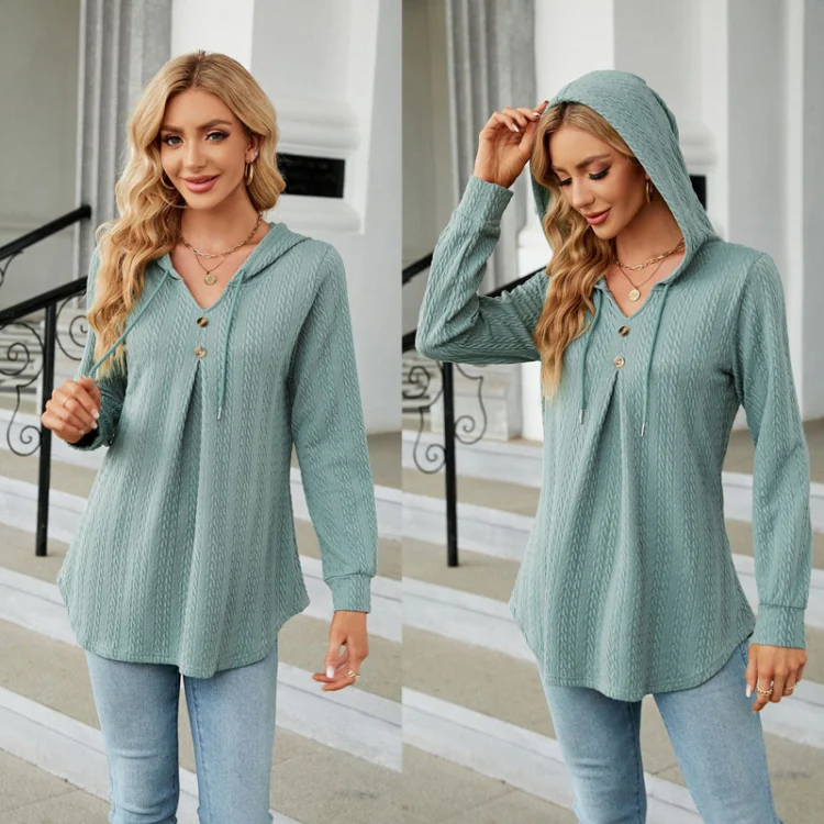 Autumn Winter V-Neck Loose Long Sleeve Hooded Sweatshirt Women Outerwear, Size: L(Dark Green) - Image 4