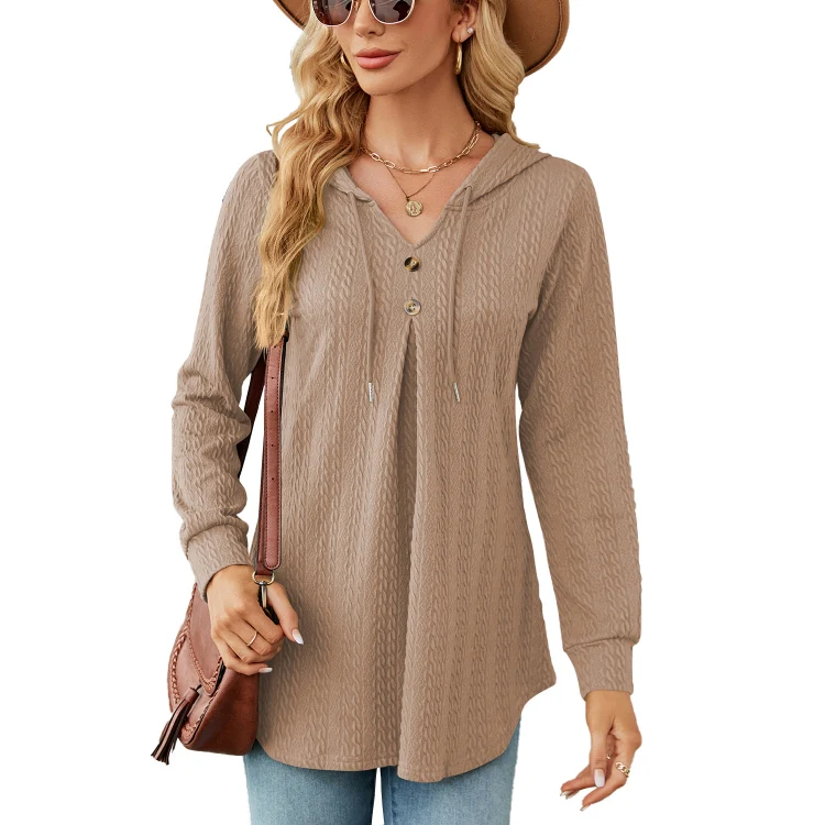 Autumn Winter V-Neck Loose Long Sleeve Hooded Sweatshirt Women Outerwear, Size: L(Khaki)