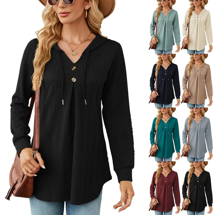 Autumn Winter V-Neck Loose Long Sleeve Hooded Sweatshirt Women Outerwear, Size: M(Black) - Image 5