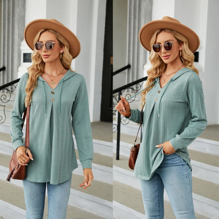 Autumn Winter V-Neck Loose Long Sleeve Hooded Sweatshirt Women Outerwear, Size: M(Dark Green) - Image 3