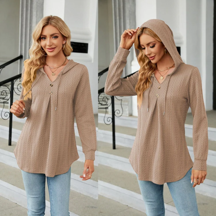 Autumn Winter V-Neck Loose Long Sleeve Hooded Sweatshirt Women Outerwear, Size: M(Khaki) - Image 4