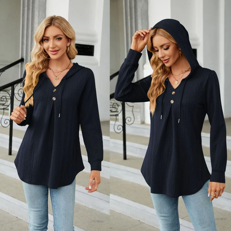 Autumn Winter V-Neck Loose Long Sleeve Hooded Sweatshirt Women Outerwear, Size: M(Navy) - Image 4