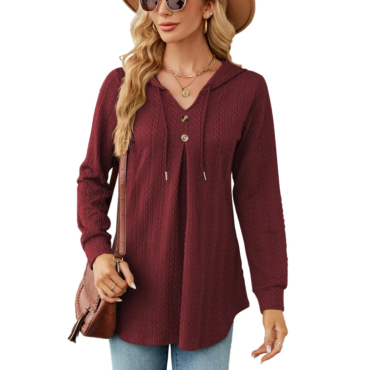 Autumn Winter V-Neck Loose Long Sleeve Hooded Sweatshirt Women Outerwear, Size: S(Burgundy)