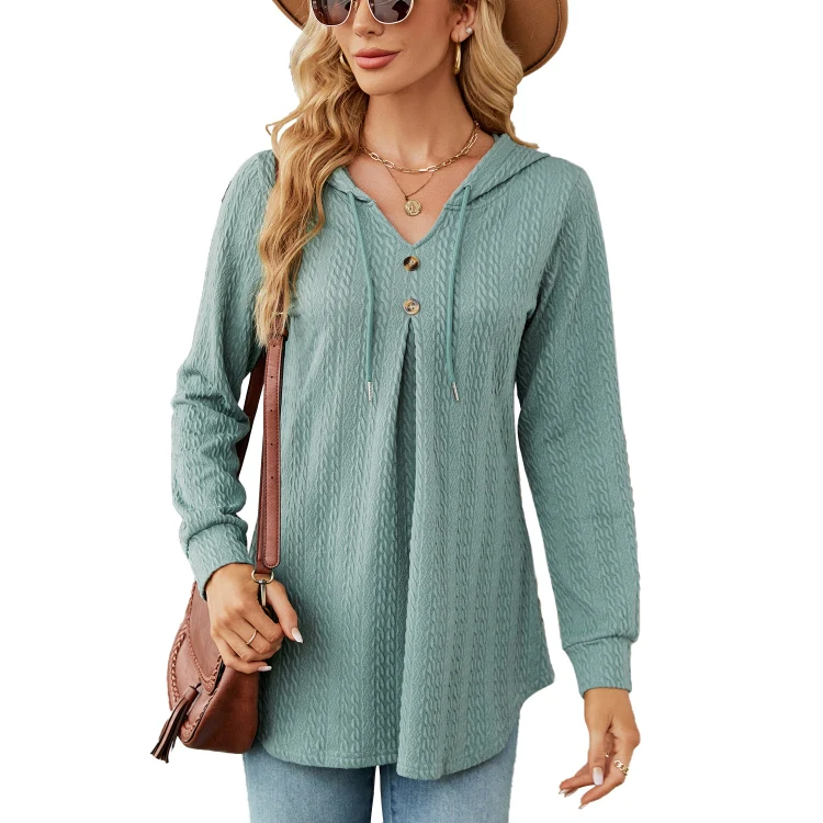 Autumn Winter V-Neck Loose Long Sleeve Hooded Sweatshirt Women Outerwear, Size: S(Dark Green)