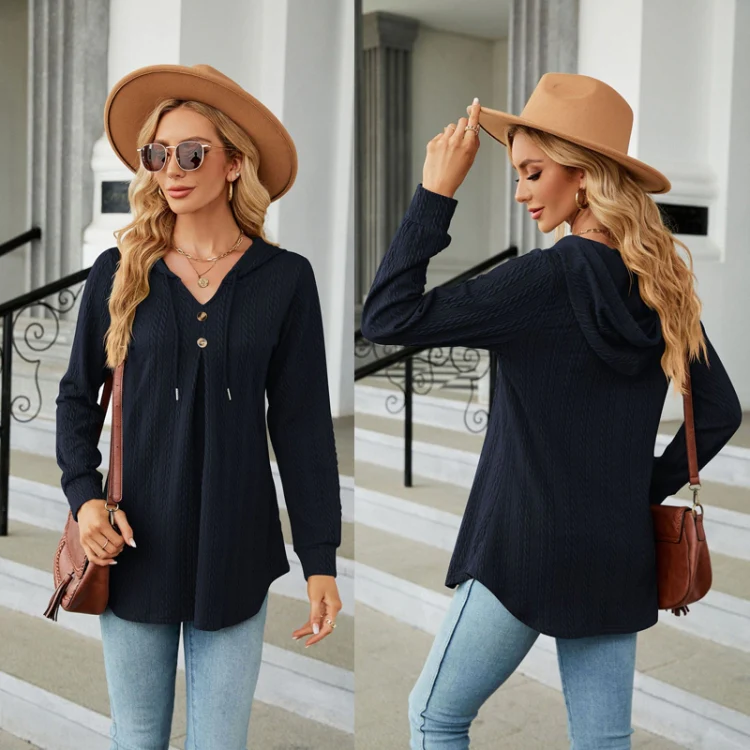 Autumn Winter V-Neck Loose Long Sleeve Hooded Sweatshirt Women Outerwear, Size: S(Navy) - Image 3