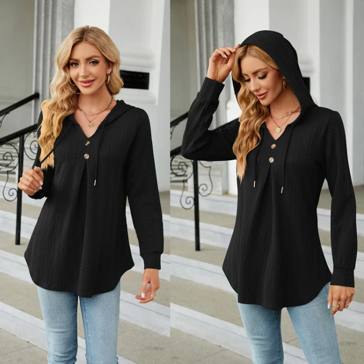 Autumn Winter V-Neck Loose Long Sleeve Hooded Sweatshirt Women Outerwear, Size: XL(Black) - Image 4