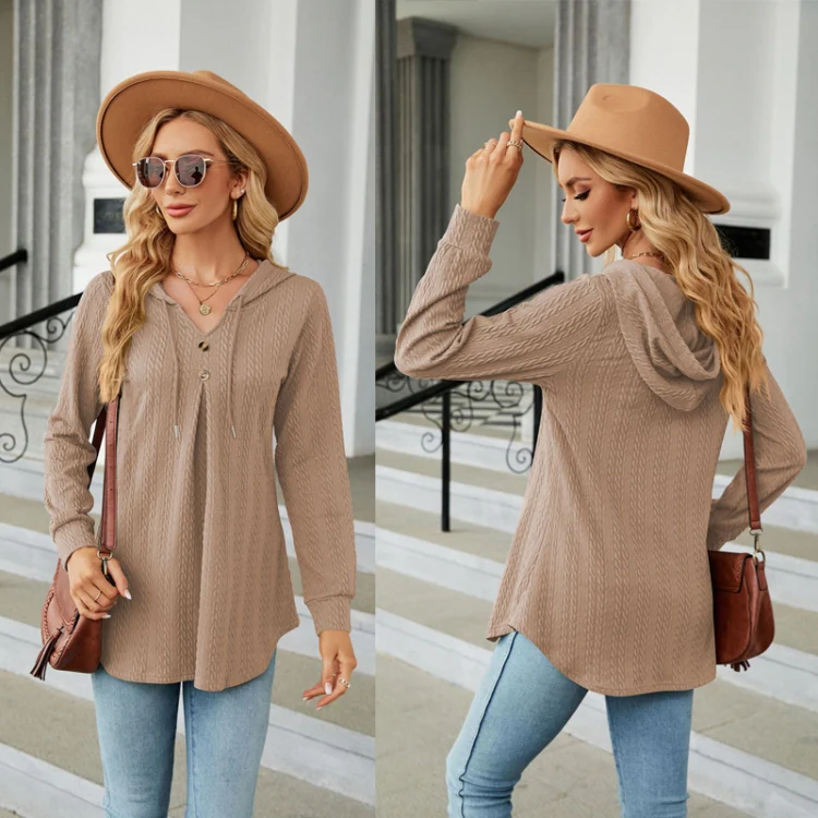 Autumn Winter V-Neck Loose Long Sleeve Hooded Sweatshirt Women Outerwear, Size: XL(Khaki) - Image 4