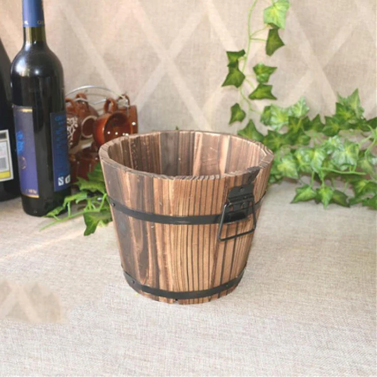 Balcony Vegetable Succulent Carbonized Wood Flower Pot Retro Small Wooden Bucket Home Decoration, Size:L, Style:Flat Mouth - Image 2