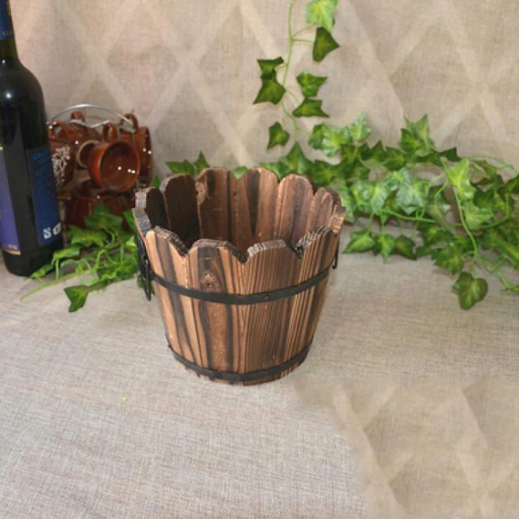 Balcony Vegetable Succulent Carbonized Wood Flower Pot Retro Small Wooden Bucket Home Decoration, Size:L, Style:Wave Mouth - Image 2