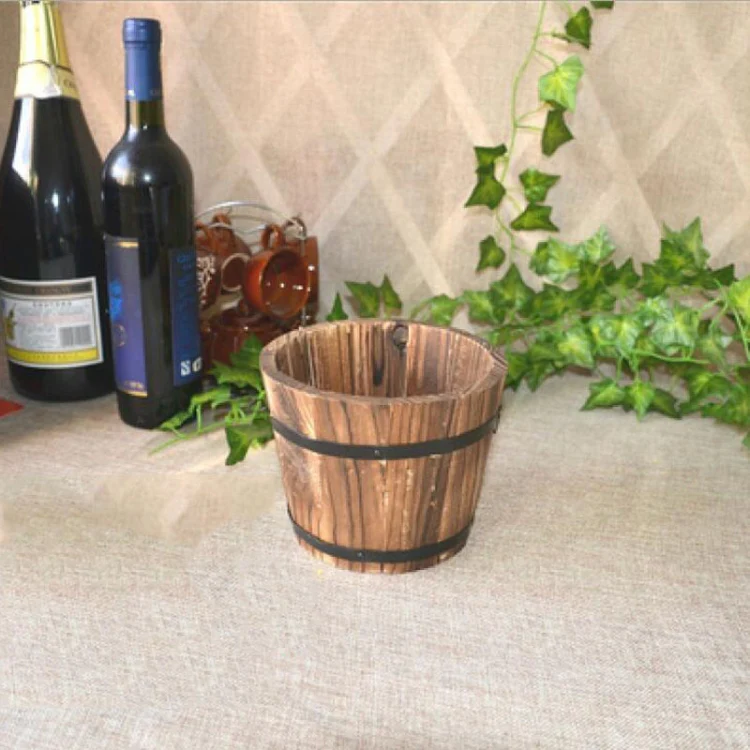 Balcony Vegetable Succulent Carbonized Wood Flower Pot Retro Small Wooden Bucket Home Decoration, Size:M, Style:Flat Mouth - Image 2