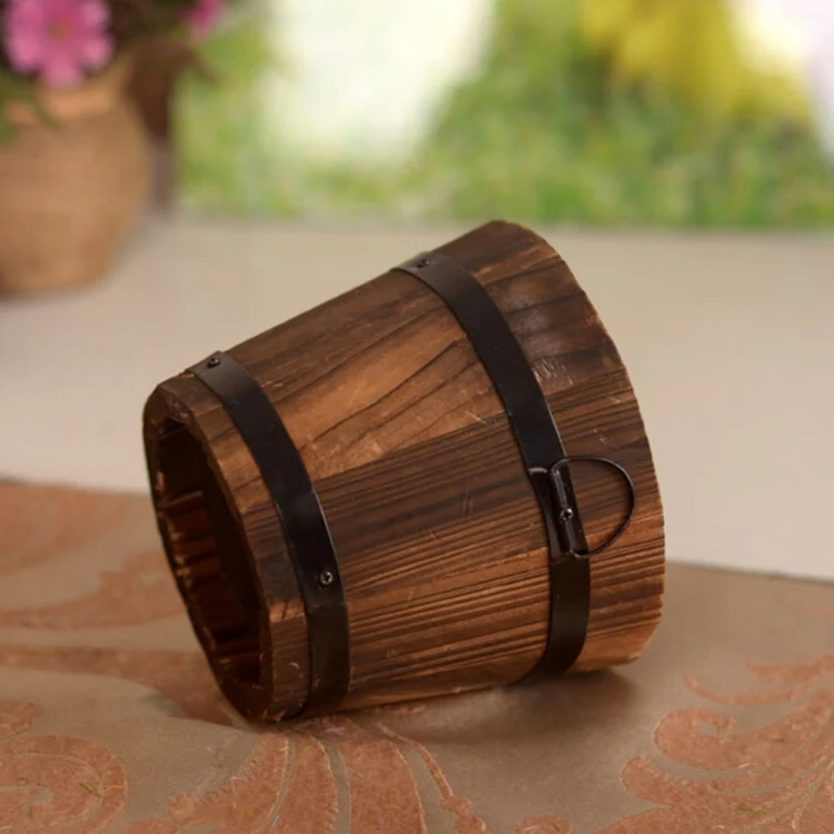 Balcony Vegetable Succulent Carbonized Wood Flower Pot Retro Small Wooden Bucket Home Decoration, Size:M, Style:Flat Mouth - Image 4