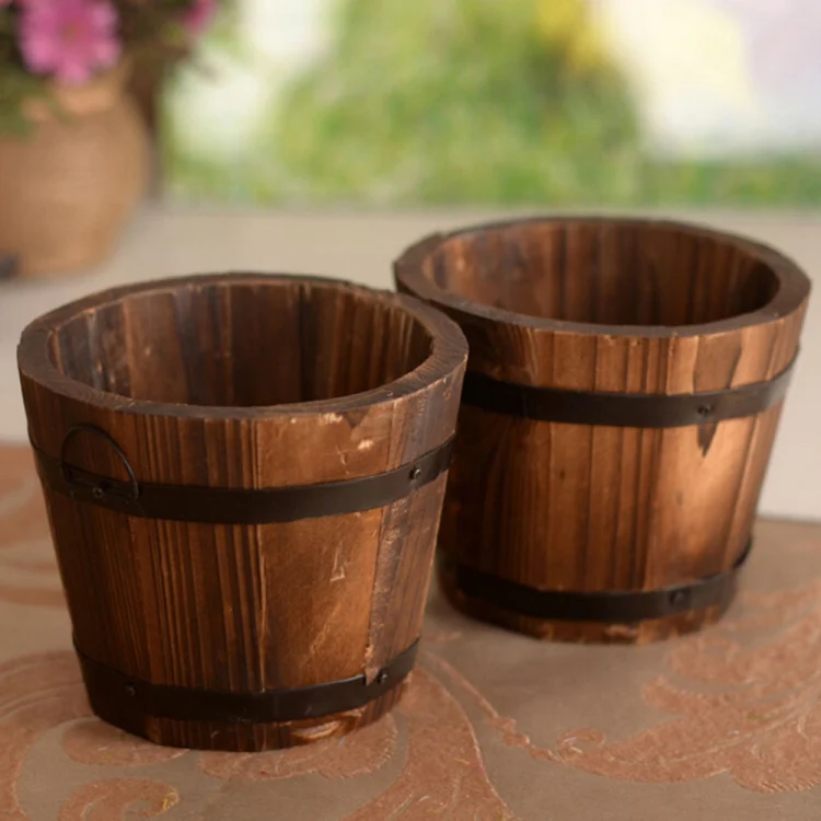 Balcony Vegetable Succulent Carbonized Wood Flower Pot Retro Small Wooden Bucket Home Decoration, Size:M, Style:Flat Mouth - Image 5