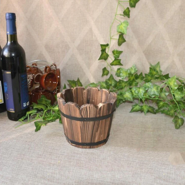 Balcony Vegetable Succulent Carbonized Wood Flower Pot Retro Small Wooden Bucket Home Decoration, Size:M, Style:Wave Mouth - Image 2