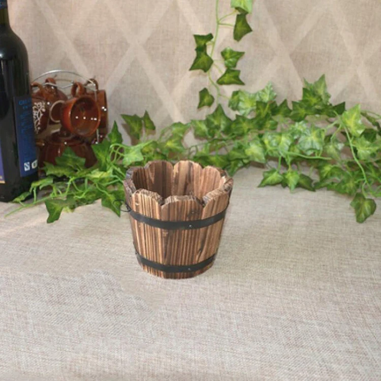 Balcony Vegetable Succulent Carbonized Wood Flower Pot Retro Small Wooden Bucket Home Decoration, Size:S, Style:Wave Mouth - Image 2