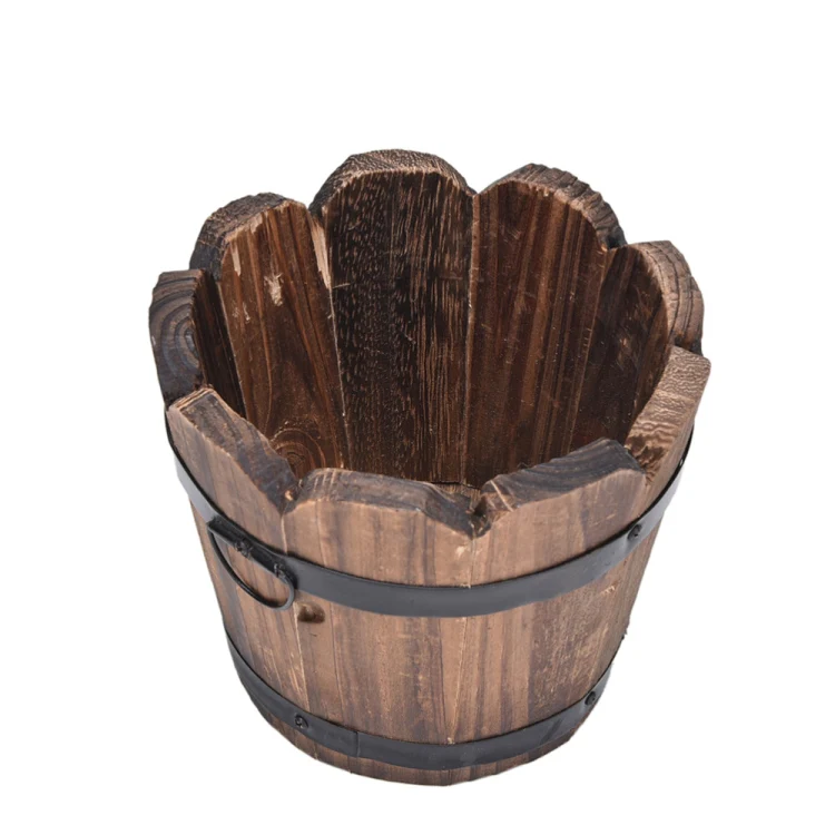 Balcony Vegetable Succulent Carbonized Wood Flower Pot Retro Small Wooden Bucket Home Decoration, Size:S, Style:Wave Mouth - Image 3