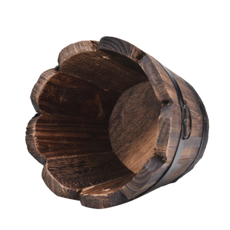 Balcony Vegetable Succulent Carbonized Wood Flower Pot Retro Small Wooden Bucket Home Decoration, Size:S, Style:Wave Mouth - Image 4
