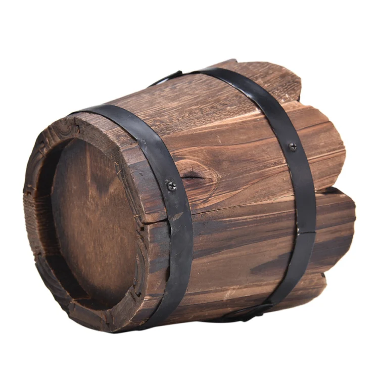 Balcony Vegetable Succulent Carbonized Wood Flower Pot Retro Small Wooden Bucket Home Decoration, Size:S, Style:Wave Mouth - Image 5