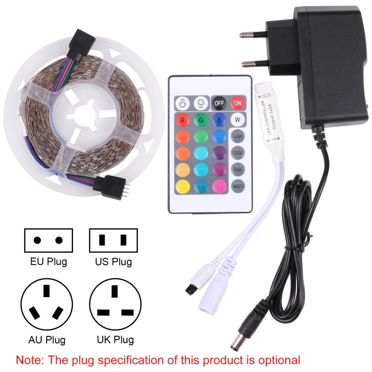 Bare Board 2835 SMD RGB LED Rope Light, 60 LED/m, Length: 5m, 12V 2A 100-240V, with 24-key Remote Control(US Plug) - Image 3