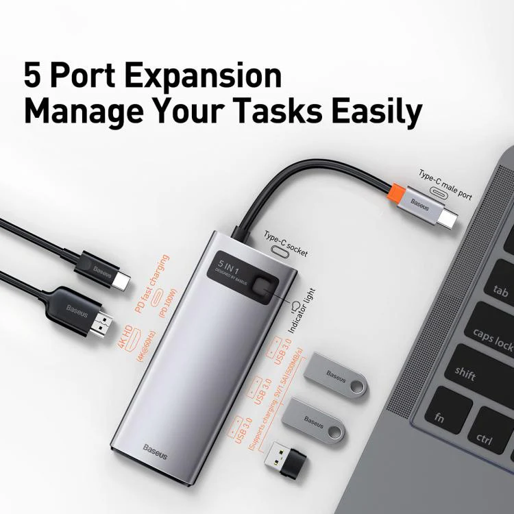 Baseus Metallic Glow Series CAHUB-CX0G 5 in 1 Multifunctional Type-C HUB Docking Station(Space Gray) - Image 3