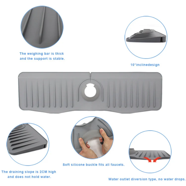 Bathroom Kitchen Silicone Faucet Anti-Splash Drain Mat, Color: Gray+Waterproof Edge(37x14.7x2cm) - Image 4