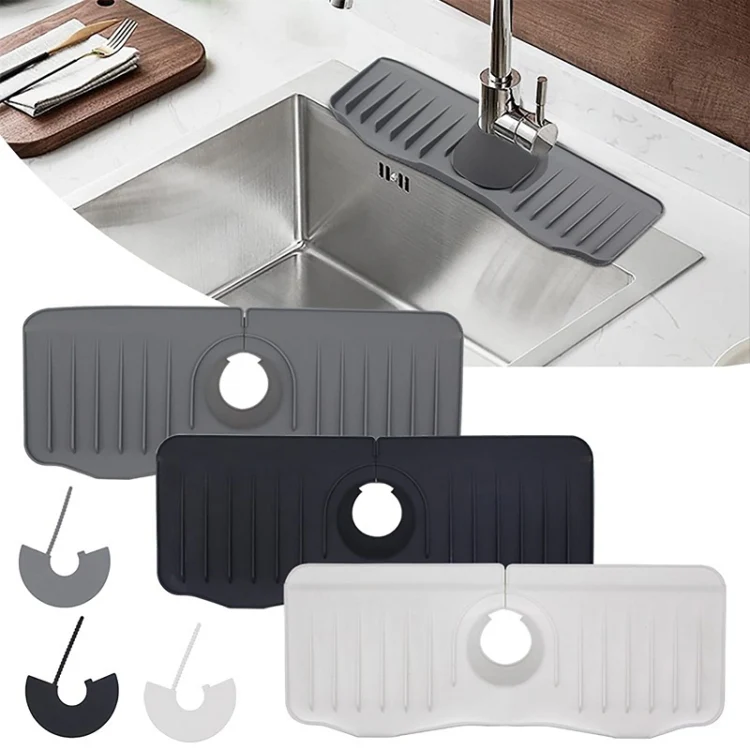 Bathroom Kitchen Silicone Faucet Anti-Splash Drain Mat, Color: White+Waterproof Edge(37x14.7x2cm) - Image 2