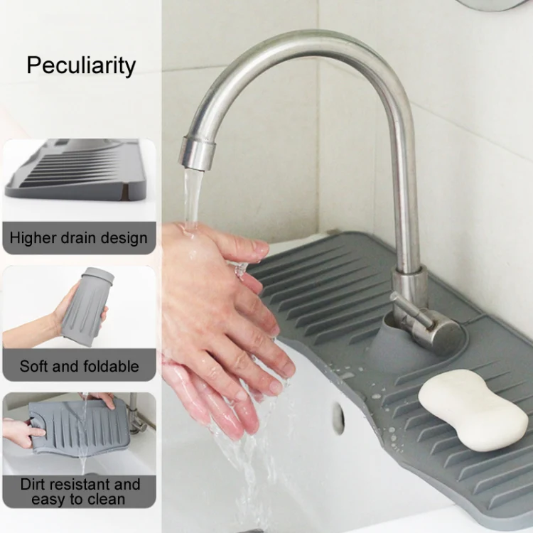Bathroom Kitchen Silicone Faucet Anti-Splash Drain Mat, Color: White+Waterproof Edge(37x14.7x2cm) - Image 5