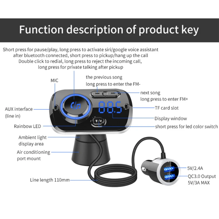 BC49BQ Car Digital Radio Receiver Bluetooth MP3 Player FM Transmitter Voice Assistant QC3.0 Quick Charger - Image 5